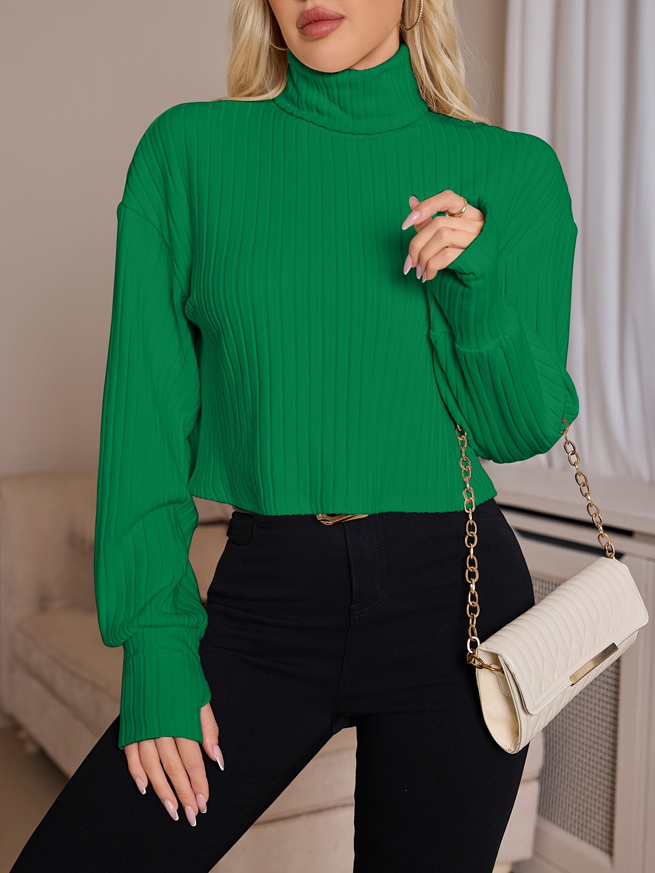 Women'S High Neck Knit Turtleneck T-Shirt, Solid Color Polyester 95% Spandex 5% Blend, Short Length, Fall/Winter Collection, 210g/m² Knit Fabric