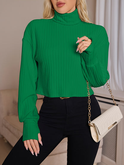 Women'S High Neck Knit Turtleneck T-Shirt, Solid Color Polyester 95% Spandex 5% Blend, Short Length, Fall/Winter Collection, 210g/m² Knit Fabric