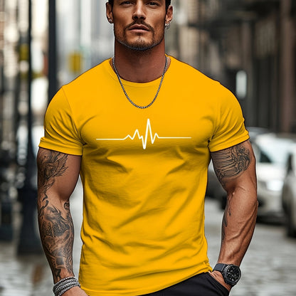 Men'S Brown T-Shirt with ECG Heartbeat Graphic - Casual Streetwear, Short Sleeve, Round Neck, Stretch Fabric, All-Season Comfort, Casual Streetwear Tee | Round Neck Tshirt | Comfortable Fit