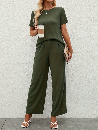 Women'S Olive Green Casual T-Shirt and Wide-Leg Pants Set - Solid Color, Loose Fit, Short Sleeve Top with Ruched Detail, High-Waisted Wide-Leg Pants, Perfect for Spring/Summer, Casual Attire|Ruched Detail Top|Comfortable Fit