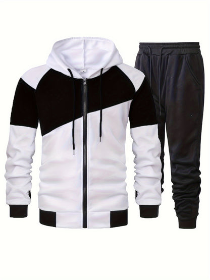Elson OBM Men's Autumn and Winter Sportswear Set, Men's Color Block Long Sleeve Hooded Zip-Up Jacket with Solid Drawstring Joggers Outdoor and Sports Outfit... Top Bottoms Set