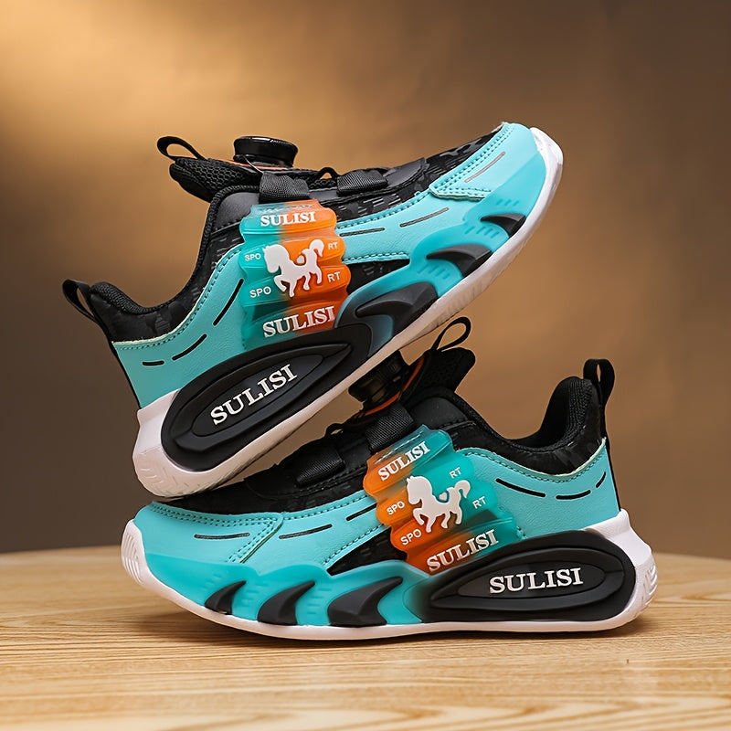 Kid's Trendy Colour Block Sneakers with Rotating Buckle, Comfy Non Slip Durable Shoes for Boy's & Girl's Outdoor Activities