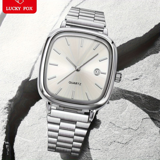 LUCKYFOX Dry Battery One Box Steel Band Small Square Calendar High-end Vintage Simple Men'S and Women'S Commuting Suitable for Daily Life Business Activities Festival Gifts Birthday Gifts Valentine'S Day Gifts