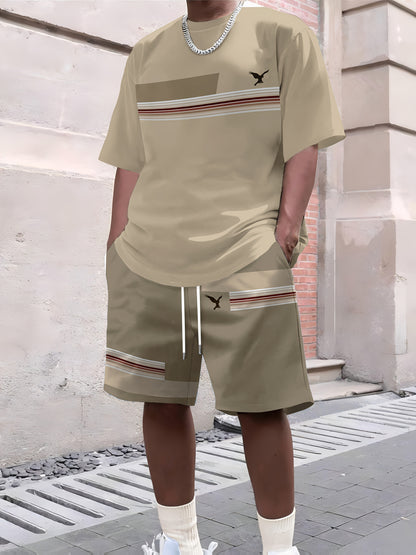 Men'S Casual Summer Two-Piece Athletic Wear Set - Light Blue T-Shirt with Green & White Stripes, Matching Shorts, Perfect for Daily Leisure, Vacation, and Sports, Casual Sportswear | Relaxed Fit Shorts | Stretchable Fabric