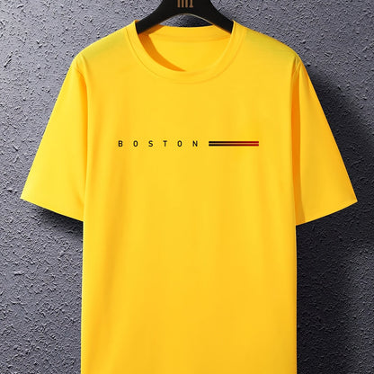 Men's Heavyweight 180gsm Cotton T-Shirt - Dark Gray Crew Neck Tee with Bold "Boston" Print, All-Season Everyday & Formal Shirt for Men - Machine Washable Luxury Casual Top, Versatile Clothing, Modern Design, Premium Fabric, S