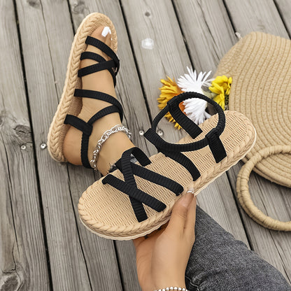 Women's Stylish Black Flat Sandals with Adjustable Ankle Straps - Breathable Fabric Upper, EVA Sole, Low Heel for Casual Wear, Beach, and Spring Outings, Strappy Sandals