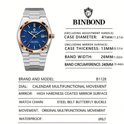 Binbond Luxury Men's Quartz Watch - Stylish Blue Dial, Rose Golden Accents, Waterproof Stainless Steel Band, Calendar Feature, Fashionable Business Design, Formal Accessory | Modern Quartz Watch | Rose Golden Details
