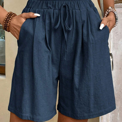 Women's High-Waist Straight Leg Pants with Tie Waist - Casual Navy Blue Polyester Summer Shorts, Machine Washable, Elegant & Comfortable Design