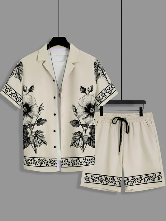 Men'S Two Sets Summer Print Short-Sleeved Shirts + Drawstring Sports Shorts Sets Suitable for Casual Hawaiian Vacation Sports Wea