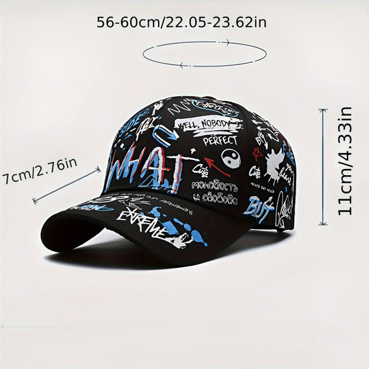 Stylish baseball cap with cool graffiti letter print, hard top, trendy hip-hop design, versatile sun protection hat for both European and American styles, available in 4 colors