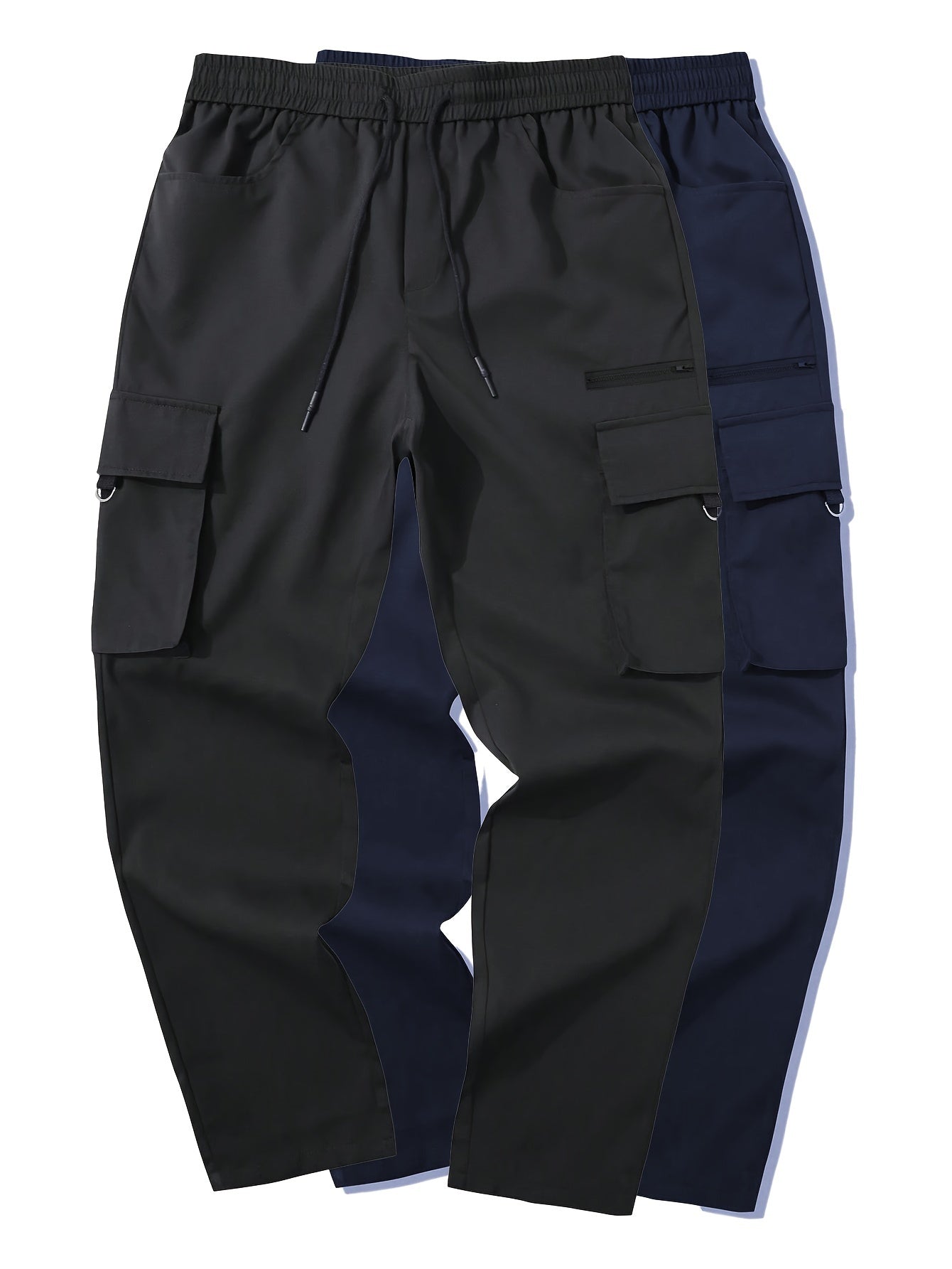 2pcs Men's Cargo Pants, Black & Gray with Drawstring Waist and Multiple Pockets, Durable Polyester, Ideal for Outdoor Activities and Casual Wear, Casual Wear Pants | Multiple Pocket Design | Durable Fabric Pants