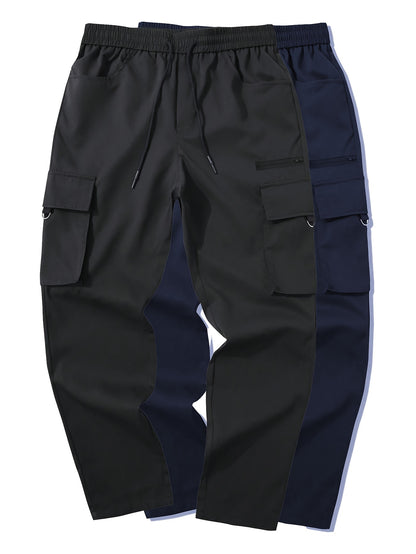 2pcs Men's Cargo Pants, Black & Gray with Drawstring Waist and Multiple Pockets, Durable Polyester, Ideal for Outdoor Activities and Casual Wear, Casual Wear Pants | Multiple Pocket Design | Durable Fabric Pants