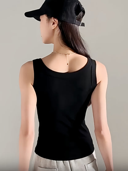 1pc Women'S Casual Ribbed Tank Top, Solid Color Knit Vest with Side Stripe Detail, Low Neck Polyester Camisole for All Seasons, Versatile Layering Piece