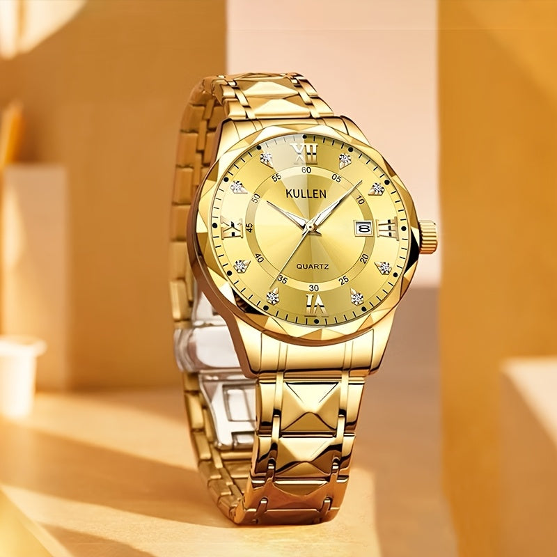 Men's Stylish Business Quartz Watch with Stainless Steel Strap & Alloy Case, Round Blue Dial with Golden Accents – Elegant Analog Display for Formal Occasions, Valentine's Day, Thanksgiving, and Ramadan Gifts