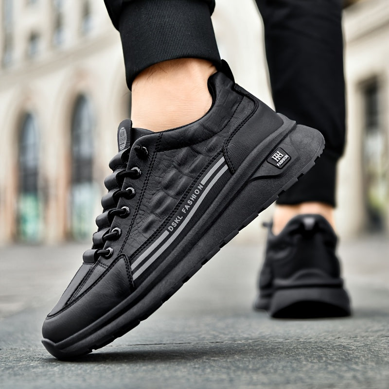 Men's Breathable Casual Sneakers - Comfortable, Versatile & Stylish Shoes for Running, Sports & Casual Attire, Black with White Accents, PU Upper & PVC Sole, Round Toe, Lace-Up Design, All-Season Use