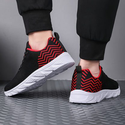 Men's Knitted Breathable Running Shoes, Lightweight Non-Slip Soft Sole, Comfortable for Outdoor Walking, Jogging, Fitness, Daily Activities, EVA Sole, Fabric Upper, Low-Top, Lace-Up Closure, Striped Pattern, All-Season Fashio