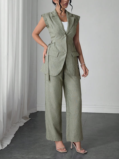 Stylish Women's Elegant Modern Side-Tie Design Two-Piece Spring/Summer Solid Color Sleeveless Jacket and Pants Set