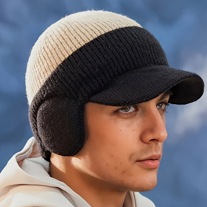Men'S Winter Ear-Protecting Knitted Cap with Fleece, Warm Duckbill Hat for Outdoor Youth Cycling in a Color-Block Design.