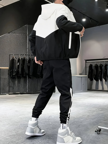 Men's Casual Athletic Hoodie and Pants Set - Color Block Design, Polyester, Machine Washable, Spring/Fall Sportswear, Blue & White Two-Piece Outfit, Everyday Activewear|Modern Athletic Look|Polyester Sportswear