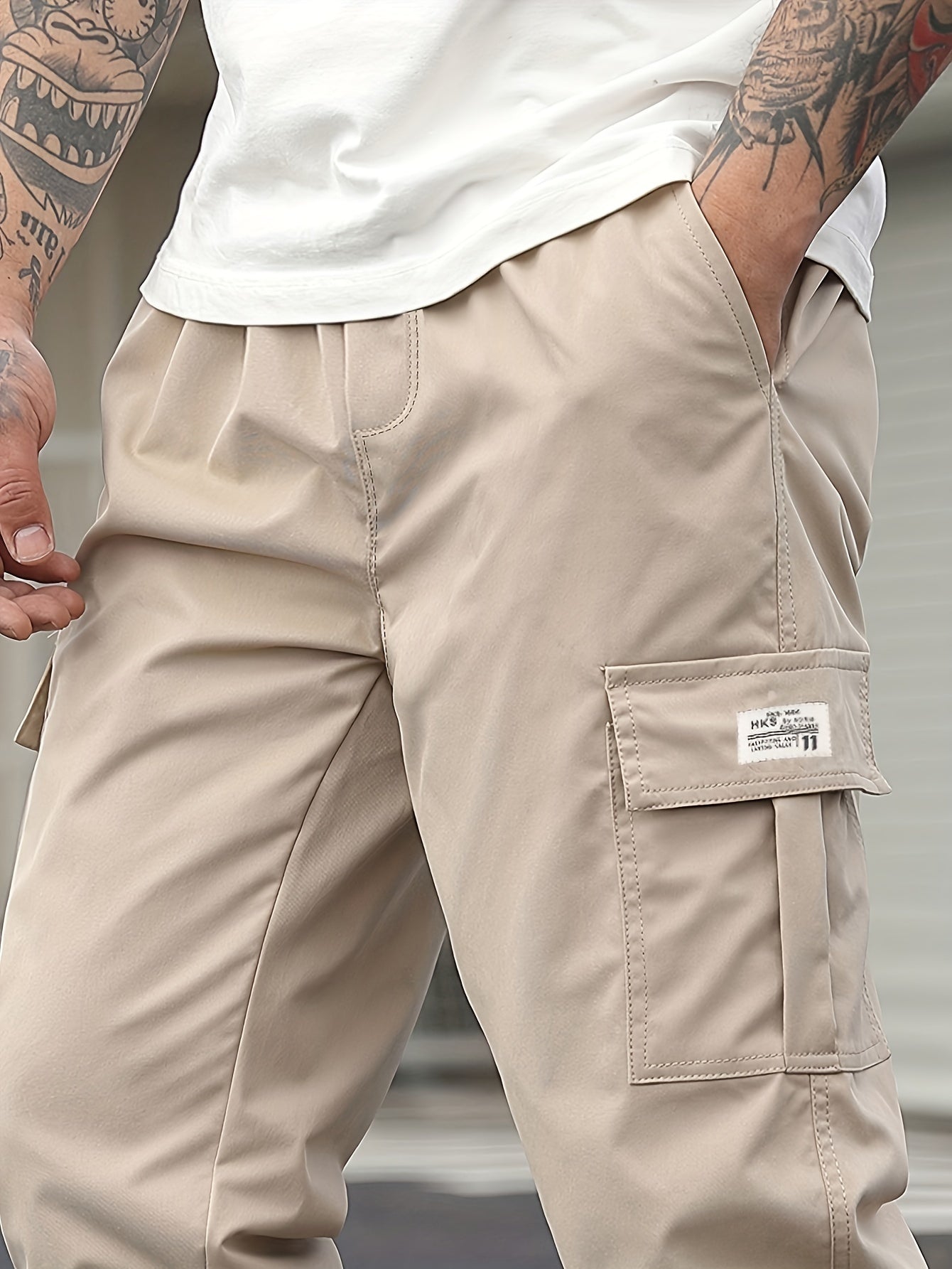 1pc Men'S Casual Polyester Cargo Pants - Mid Waist Elastic Joggers with Multiple Pockets, Non-Stretch Solid Color, Regular Fit for Weekend Wear - Spring/Fall Fashion Trousers