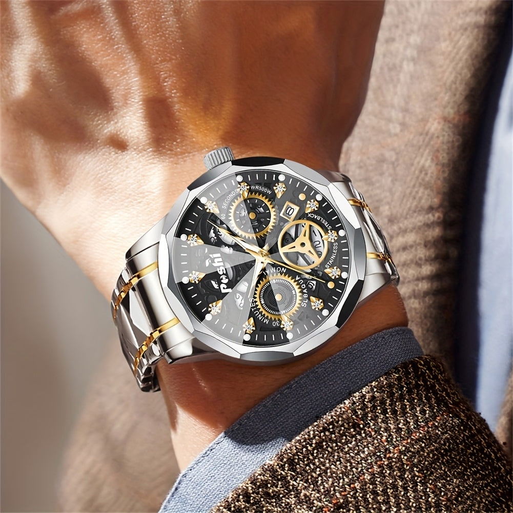 POSHI Men's Luxury Golden-Tone Quartz Watch with Rhinestone Accents, Luminous Waterproof Design, Calendar Feature, and Stylish Hexagonal Hands - Perfect Business Gift for Men, Formal Timepiece