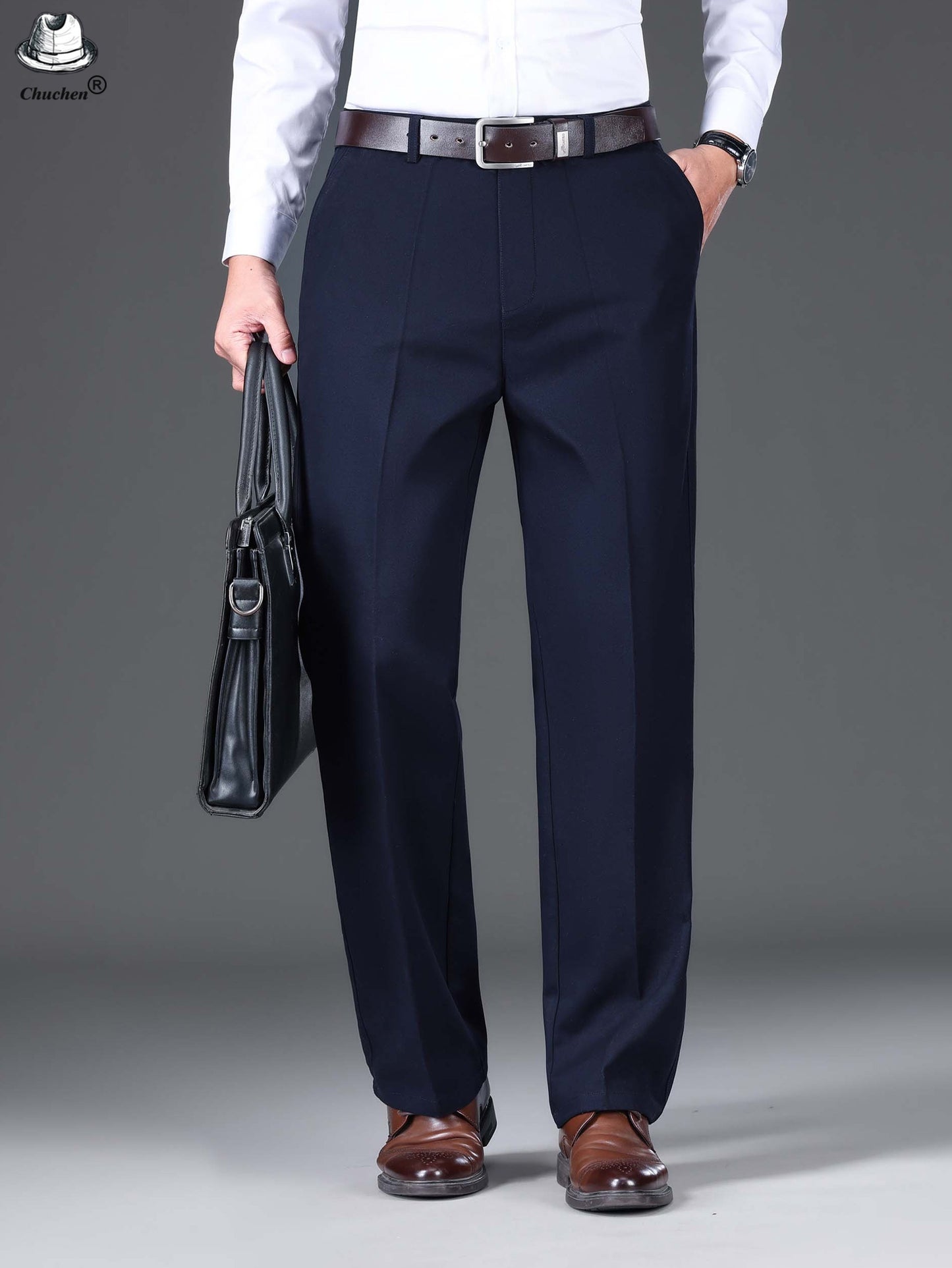 1pc Classic Fit Men'S Dress Pants - 100% Cotton, Solid Color, Non-Stretch, Regular Length, for Autumn/Winter - Business Casual Style