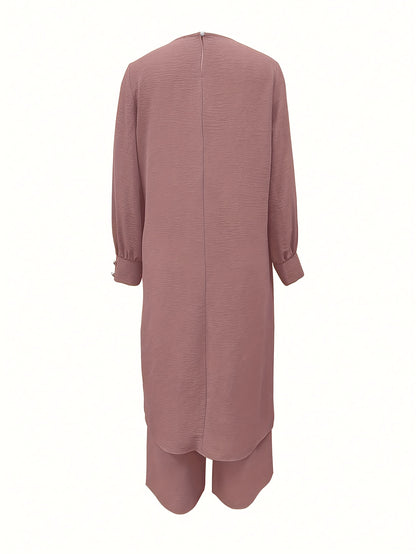 Ramadan, Women's Front-Button Long Sleeve Slit Dress & Pants Casual Arabic Style 2pcs Set, Only Clothes, Without Headscarf