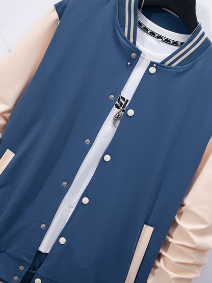 Men's Casual Baseball Jacket & Pants Set - Color Block, Polyester, Button-Up with Belt Detail for Spring/Fall