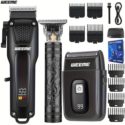 WEEME 3pcs Men's Grooming Kit: Black USB Rechargeable Electric Clipper + T-Blade Trimmer + Shaver Combo, featuring an LCD display and anti-slip textured design for precise haircuts, beard trimming, and sideburns styling—per