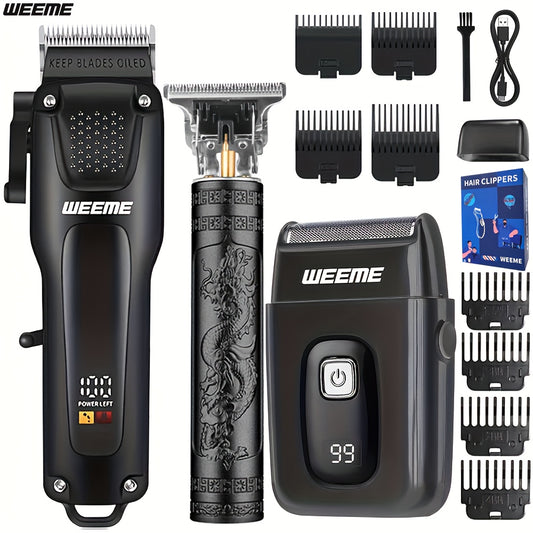 WEEME 3pcs Men's Grooming Kit: Black USB Rechargeable Electric Clipper + T-Blade Trimmer + Shaver Combo, featuring an LCD display and anti-slip textured design for precise haircuts, beard trimming, and sideburns styling—per