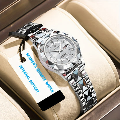 Stainless Steel Women's Luxury Quartz Watch with Date Display, Luminous Hands & High Quality IPX7 - Elegant Casual & Formal Wear, Perfect Gift for Birthdays, Valentine's Day