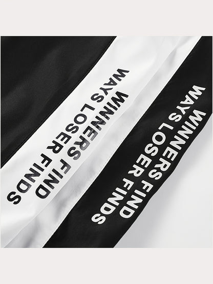 Unisex Sportswear Set for Spring And Autumn, Featuring a Zip-Up Jacket with a Stand Collar And Striped Long Pants in Black And White, a Stylish Outfit That Makes a Great Gift, Sweat-Resistant, Hand Wash Only, Workout Accessor