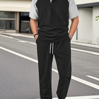 Men's Casual Mixed Color Spliced Set: Shirt and Drawstring Pants, Clean and Comfortable