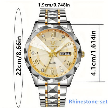 Fashionable Men'S Quartz Watch with a Diamond-shaped Dial, IPX7 Waterproof, Dual Calendar, Luminous Steel Strap, Business Watch