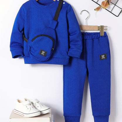 3pcs Set for Boys: New Autumn Shoulder Button Plain Round Neck Sweater, Trousers and Crossbody Bag, Casual and Fashionable Three-piece Set