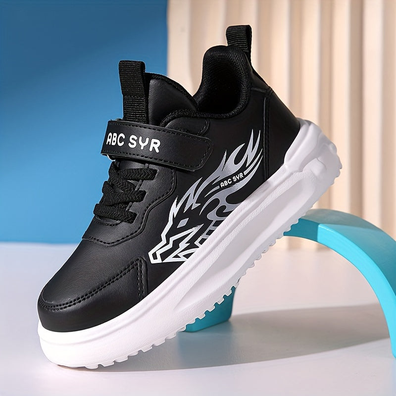 Boys' Athletic Sneakers for Fall/Winter 2024 - Stylish Flame Design, Durable & Comfortable with Hook-and-loop Fastener Strap, Low-Top, PU Upper, EVA Sole, Perfect for Running & School Activities