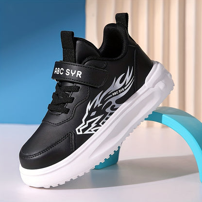 Boys' Athletic Sneakers for Fall/Winter 2024 - Stylish Flame Design, Durable & Comfortable with Hook-and-loop Fastener Strap, Low-Top, PU Upper, EVA Sole, Perfect for Running & School Activities