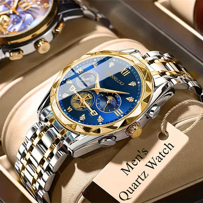1pc Men'S Stainless Steel Quartz Watch with IPX7, Luminous Display, Rhinestone Accents, Scratch-Resistant Dial, Date Window & Chronograph Function - Stylish Casual Timepiece for Casual Attire, Everyday Timepiece | Luminous Wa
