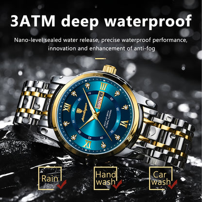 POEDAGAR Men&Women&Apos;S Calendar Week Luminous Stainless Steel Watch - Trendy Casual Quartz Wristwatch with Blue Dial, Roman Numerals, And Date Display, Ideal Gift for Sports Enthusiasts, Casual Wear Watch | Trendy Casual W