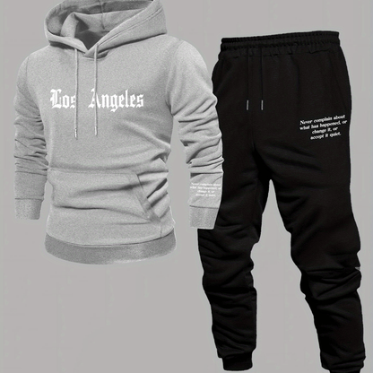 Men'S Los Angeles Print Hoodie And Sweatpants Set - Casual American Streetwear Style, Cozy Fall/Winter Activewear with Geometric Pattern, Slight Stretch Fabric, Hooded Top & Joggers, Casual Wear|Geometric Pattern Hoodiee Jogg