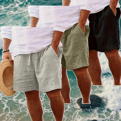 Men's Summer Cotton Drawstring Elastic Waist Straight-Leg Solid Color Breathable Casual Beach Shorts - 3pcs