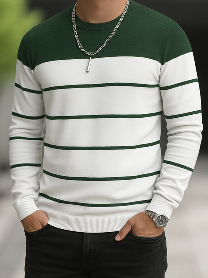 Men's Slim-Fit Striped Knit Sweater - All-Season Business Casual & Casual Attire, Navy Blue/White Horizontal Stripes with Contrast Trim, Round Neck Long Sleeve Pullover, Multi-Color Options (Black/Beige/Light Brown/Navy) - Co