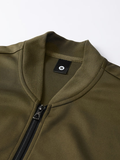 Men's Spring/Fall Casual Zip-Up Jacket & Drawstring Sweatpants Set in Olive Green & Black - Durable Polyester, Machine Washable, with Pockets for Everyday Style