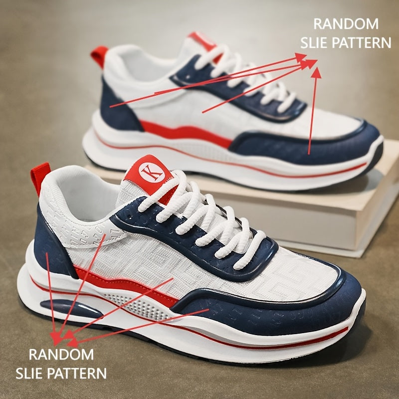 Men's Lightweight Breathable Low-Top Sneakers - PU Upper & PVC Sole, White/Navy/Red Accents, Lace-Up Round Toe for Casual, Outdoor, Running & Gym - All-Season Comfort Shoes, Casual Footwear, Geometric Pattern, Comfortable Fit