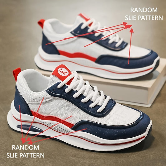 Men's Lightweight Breathable Low-Top Sneakers - PU Upper & PVC Sole, White/Navy/Red Accents, Lace-Up Round Toe for Casual, Outdoor, Running & Gym - All-Season Comfort Shoes, Casual Footwear, Geometric Pattern, Comfortable Fit