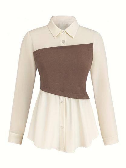 Elegant daily commuting two-piece set for ladies, featuring a color-blocked and pieced-together shirt and wide-leg trousers, suitable for all four seasons and machine washable.