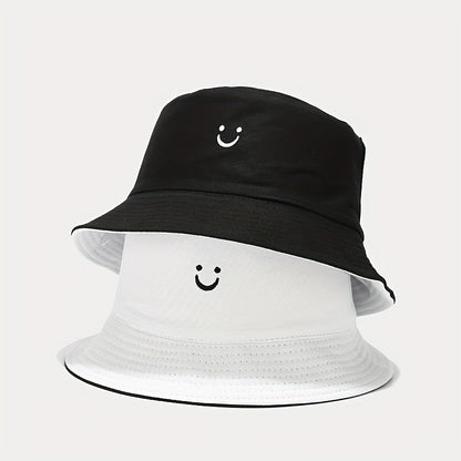Unisex Black & White Fisherman Hat with joyful Face Embroidery - Double-Sided, Sporty Polyester Bucket Hat for Men and Women, Ideal for Outdoor Activities, Outdoor Hat | joyful Face Embroidery | Durable Headgear