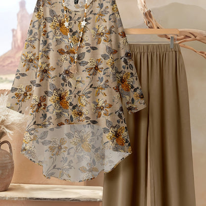 Women's Elegant Casual Floral Print Long Sleeve Top and Loose Pants Two-Piece Set