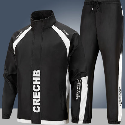 2025 New Casual Sports Set Men'S Spring and Autumn New Trendy Print Jacket, 100% Polyester, Soft Fabric Machine Washable, Casual Sports Loose Running Suit 2pcs Set, For Teenager