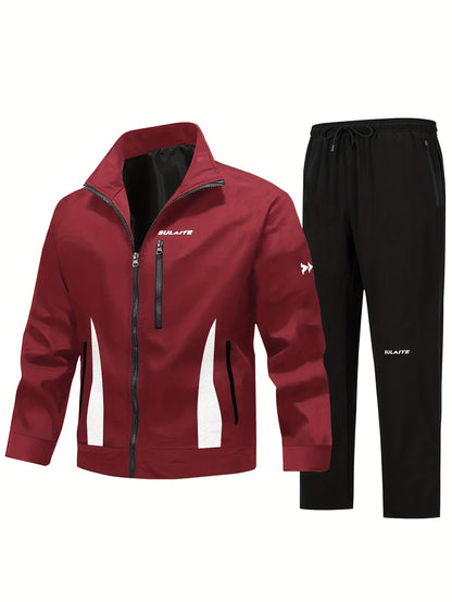 Men'S Casual Sportswear Set - Black Jacket with Zipper Pockets & White Accents, Matching Pants, Perfect for Spring & Fall, Sportswear Outfit|Zippered Jacket|Functional Pockets